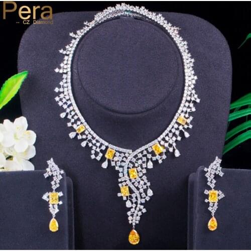 Pera Gorgeous Yellow Cubic Zirconia Long Water Drop Pendant Necklace Earrings Luxury Bridal Wedding Jewelry Sets for Women J419