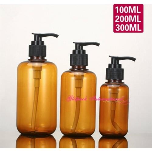 100ml 200ml 300ml Plastic Bottles Amber PET Boston Round Bottles w/ Black Lotion Pumps Clear bottles for shampoo cosmetics cream