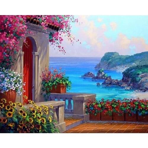Seaside Paint By Number House On Canvas For Adults With Frame 40x50 Drawing Coloring By Number Picture Drawing Home Decoration