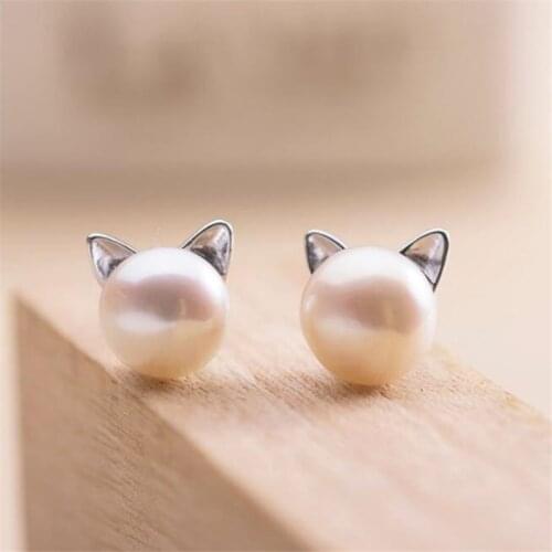 Fine Minimalist 925 Sterling Silver Simple Sweet Cute Pearl Cats Fashion Stud Earrings Women Girls Wedding Jewelry Gifts SE012