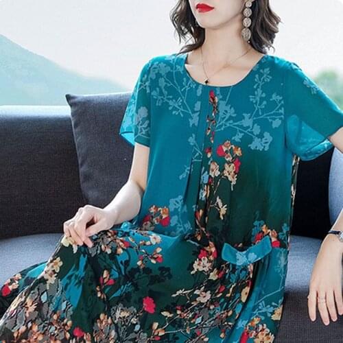Blue/Red Floral Chiffon Vintage Midi Dresses Elegant Female 5XL Plus Size Print Sundress Summer Party Bodycon Runway Vestidos