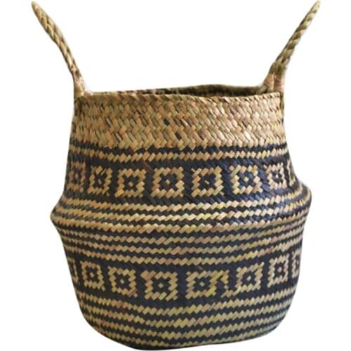 Chrysanthemum black grid Folding seaweed wicker basket storage basket rattan flower pot weaving garden flower pot storage 321W