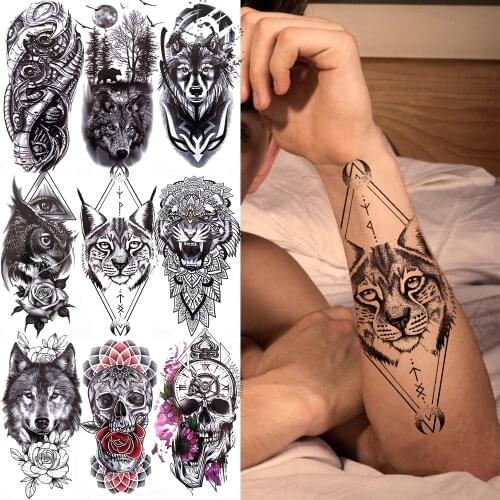 Cat Geometry Black Temporary Tattoos For Men Kids Women Black Forest Skull Tiger Wolf Tattoo Sticker Evil Devil Arm Tatoo Adults