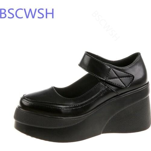 Wedge Thick-soled Round Toe Black Platform High-heeled Pumps Shoes Female Students Korean Lolita Womens Shoes 2021 New Trend