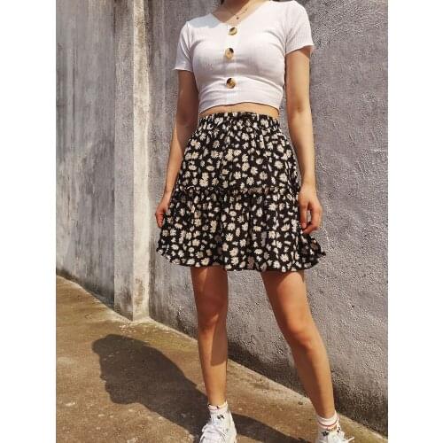 Daisy Floral Print Summer Mini Skirts Womens 2021 Elastic High Waist A Line Skirt Y2k Aesthetic Clothes Ladies Casual Bottoms