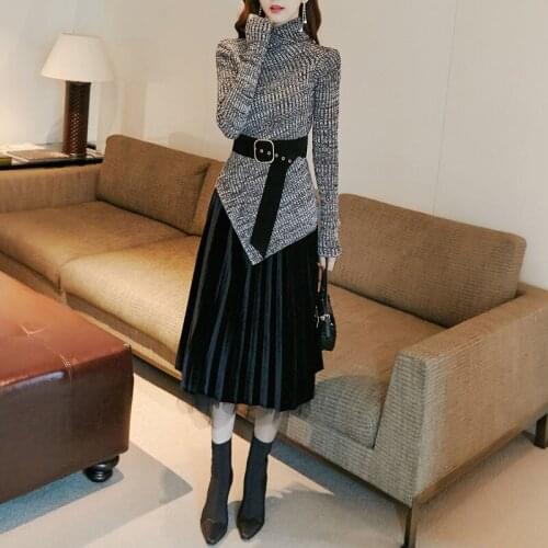 Women Autumn Winter Fashion Turtleneck Solid Irregular Knitted Tops + Pleated Mesh Skirts Suits Elegant Woman Two Piece Sets H84