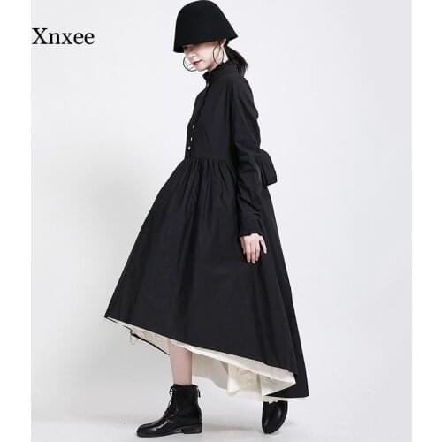 Japan Women Black Irregular Splicing Long Tutu Dress New Stand Collar Long Sleeve Loose Fit Fashion Tide Spring Autumn 2021