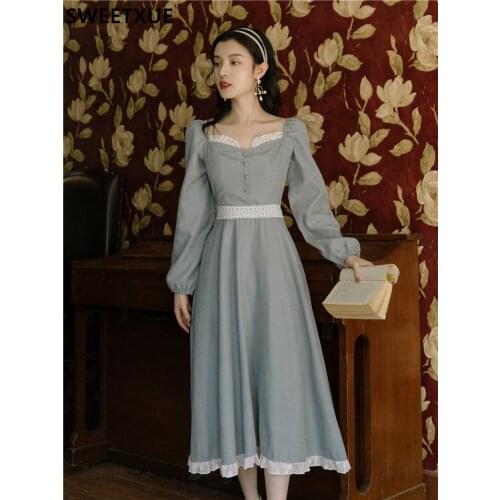 SWEETXUE Vintage Square Collar Puff Sleeve Lace Patchwork Temperament Dress Womens 2021 Elegant Chic Fairy Party Female Vestido