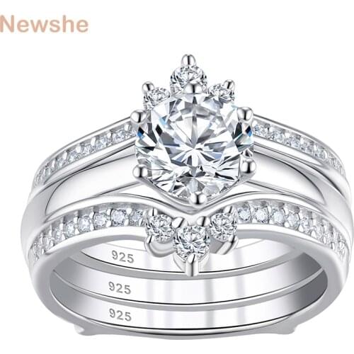 Newshe Solid 925 Sterling Silver Wedding Rings Set For Women Solitaire Round Cut Engagement Ring Guard Band AAAAA Zircon BR1157