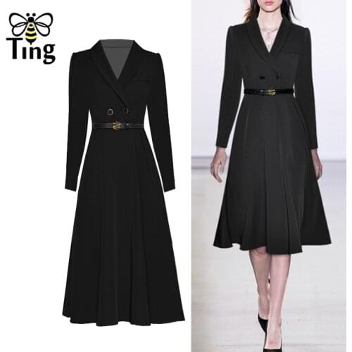 Tingfly Runway Vogue Classic Black Knee Length Dress V Neck Double Breasted A Line Dress with Belt Office Work Vestidos Plus 2xl