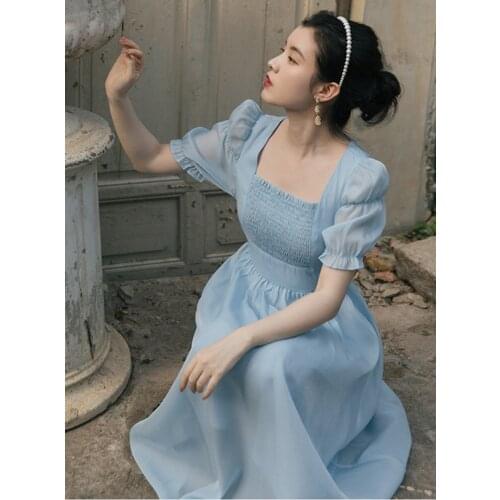2 Colors White & Blue Romantic Dress Korean Fashion Vintage Puff Sleeve Square Collar Princess Dresses For Date Party Vestido