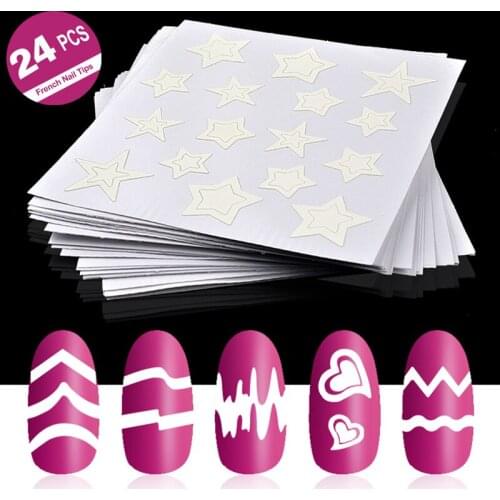 24Pcs French Nail Tips White Different Designs Nail Sticker Stencil Tips Guide DIY Manicure Wave Line 3D Styling Nail Art Tools