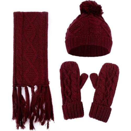3 In 1 Women Winter Girls Rhombus Cable Knit Warm Beanie Hat Scarf Gloves Set M89E