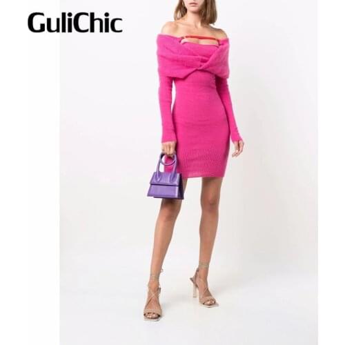 8.10 GuliChic High Quality Women Fashion Sexy Off-The-Shoulder Long Sleeve Mohair Wool Knitted Slim Dress