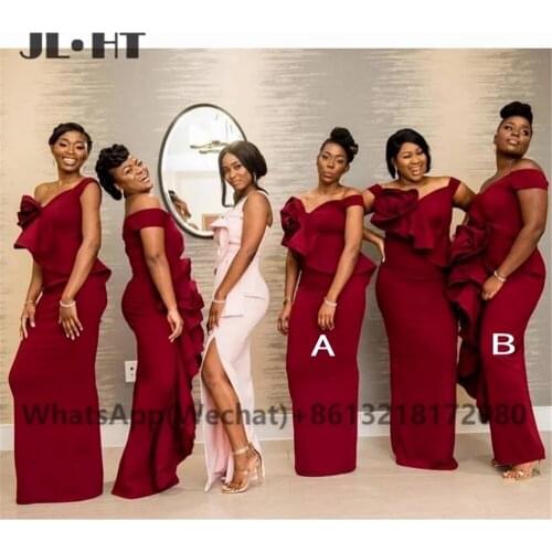 African Wine Red Mermaid Bridesmaid Dresses Flowers Ruched Elastic Satin Black Girls Wedding Party Bridesmaid Dress for Womens