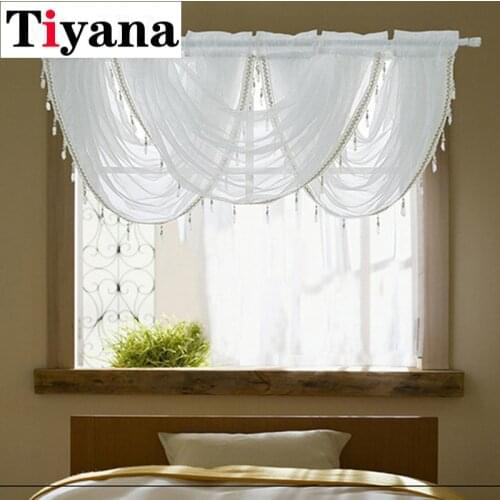 White Short Curtains Valance Design Window Sheer Tulle Kitchen Curtains for Living Room Bedroom Beads Decor Door Drapery QT52Y