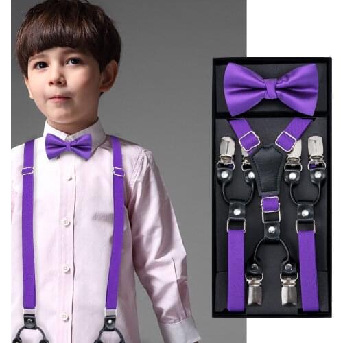 Kids Purple Elastic Suspender Bow Tie Boys Girls Wedding Party Adjustable Suspender Children Leather Y-Back Brace Belt DiBanGu