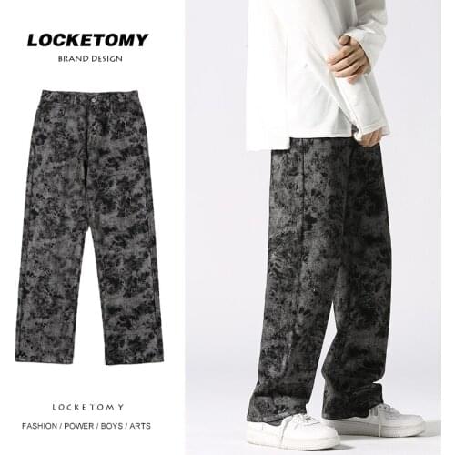 2021 autumn and winter tie-dye discharge printing high street jeans mens trendy straight loose personality net red youth long p