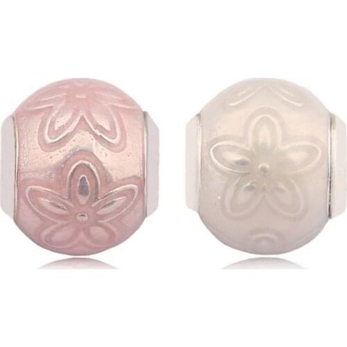 Essence Beads S925 Silver HAPPINESS Charm Transparent Cream Pink & White Enamel For Essence Bracelet Bangle Small Hole