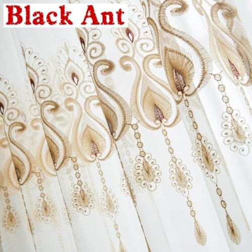Europe Luxury Sheer Curtain For Living Room Beige Tulle Drape Embroidery Voile Curtain For Balcony Study Gauze Fabric X302#40