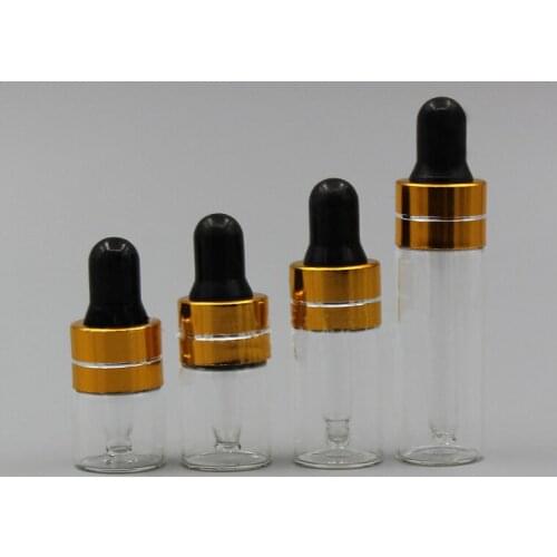 50/100/200pcs 1ml 2ml 3ml 5ml Perfume Essential Oil Bottles clear Glass Dropper Bottle Jars With Pipette gold ring black head