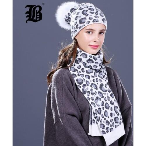 [FLB] Woman Knit Beanie Hat and Scarf Set Real Fox Fur Pompoms Hat High Quality Scarf For Winter Girls Women hat scarf Beanies