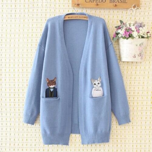 Plus Size Womens Knitted Cardigan Autumn Winter Outwear Cute Cat Embroidery Tops korean sweater womens sweaters 2019 winter