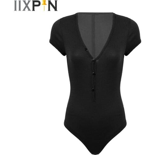 Women V Neck Short Sleeve Bodysuit Solid Stretchy Rompers Jumpsuits Casual Base Tops Adult Sexy Ballet Dancing Practice Costumes