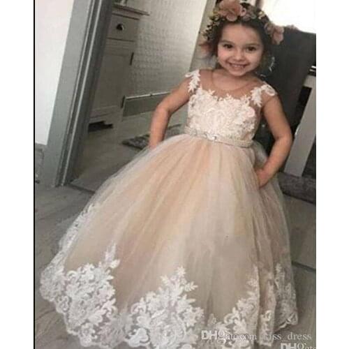Champagne Lace Flower Girl Dresses Tutu Skirt Weddings Princess Tulle Lace Beaded Sash Kids Floor Length Girls 'Pageant Gowns