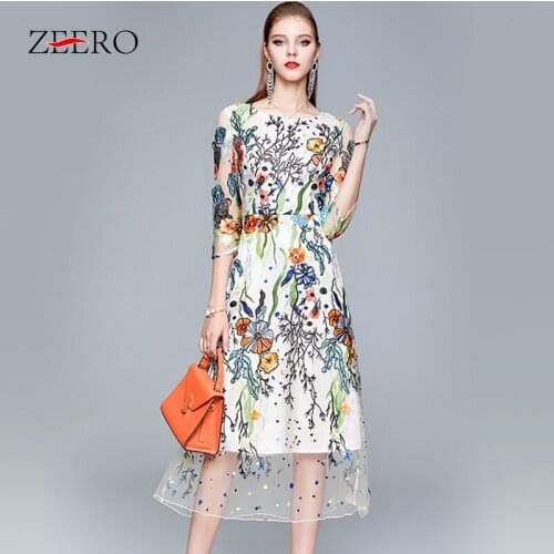 Summer Women Floral Embroidery O Neck Midi Mesh Dress Elegant Female Vintage Three Quarter Slim Party Dresses Vestidos Plus Size