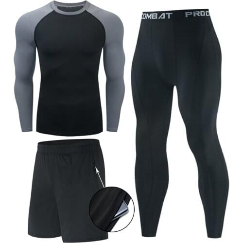 Brand 3pcs/Sets mens suit rashguard man MMA compression clothing male long sleeves shirt+leggings Sportswear Workout T-shirt
