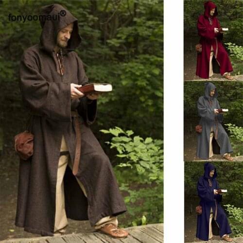 Cos Medieval Vintage Monk Church Clergy Pastor Costume Adult Men Priest Hooded Gown Robe Cape Christian Cloak Halloween Outfit