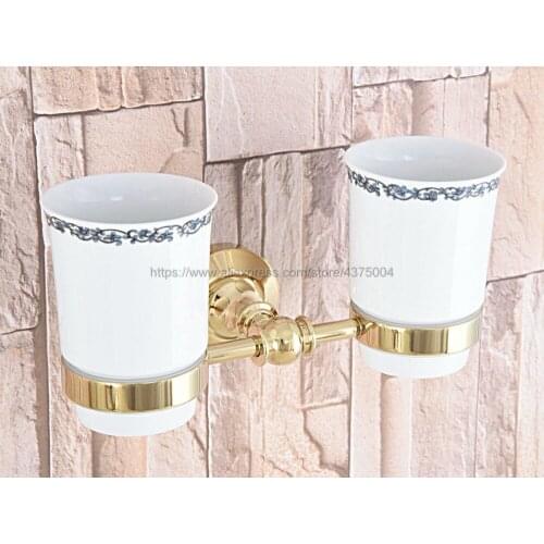 Luxury Bathroom Golden Polished Toothbrush Holder Brass Base Dual Ceramics Cups Wall Mounted Nba316