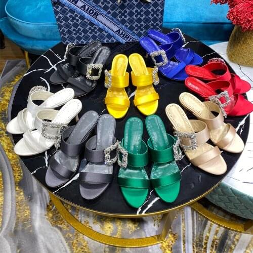2021 New Summer Sandals Genuine Leather Womens Shoes Open Toes Thin Heels Sandals For Woman Crystal Dress Pumps High Quality