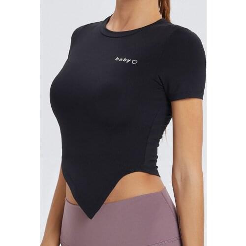 Sexy Cropped Yoga Top Short Sleeve Fitness T Shirt Women Irregular Design Running Training Sport T-shirt Gym Elastic Tee Tops