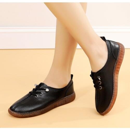 Womens Shoes Lace-up Flat Shoes Simple Comfortable Moccasin Shoes Light Soft Leather Shoes Breathable Casual Office Shoes