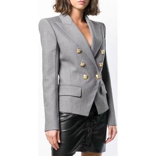 High Quality Gray Womens Blazer Jacket Office Lady Gold Double Breasted Buckle Slim Runway Outwear Coat Blazer Women Autumn