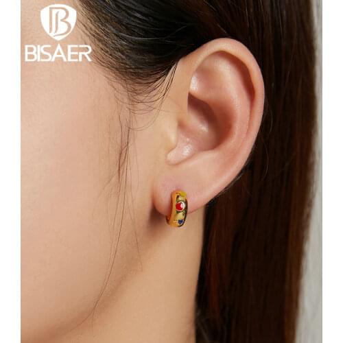 BISAER 1pcs 925 Sterling Silver Earrings For Women Gold Colorful Geometry Earrings Anniversary Fine Jewelry Gift ECE1194