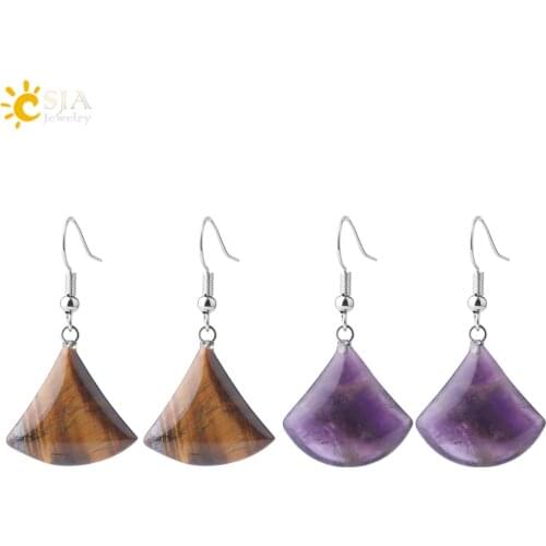 CSJA 2019 Natural Stone Drop Earrings for Women Small Fan-shaped Earring Purple Pink Quartz Lapis Lazuli Crystal Tiger Eye F828
