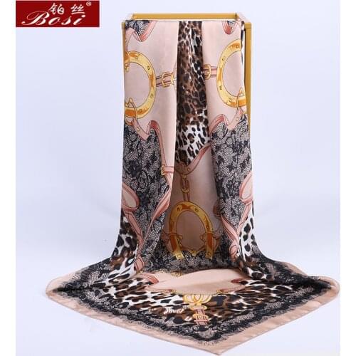 BOSI Fashion 90*90cm Square Leopard print pink Silk Satin Scarf for Women Shawl Chain print Spring Elegant Luxury Brand Scarves