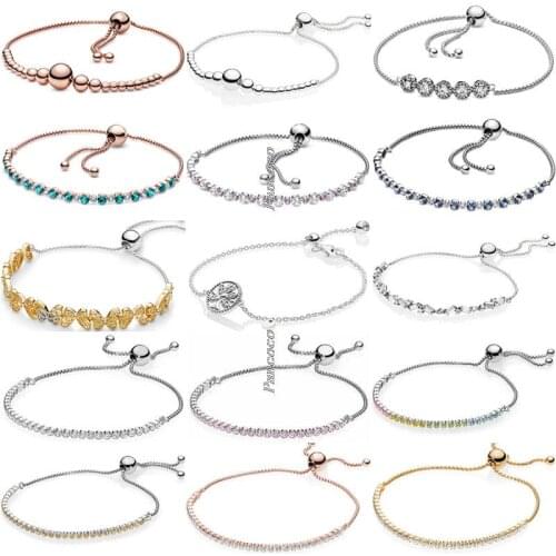 Original 925 Sterling Silver Bracelet Turquoise Sparkling Slider Tennis Blue Stones Bracelet For Women Diy Fashion Jewelry