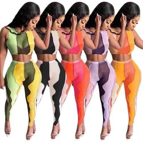 S-2xl New Mesh Patchwork Two Piece Set Women Sexy Tank Top And Pant 2 Piece Club Outfits Matching Sets Wholesale Dropshipping