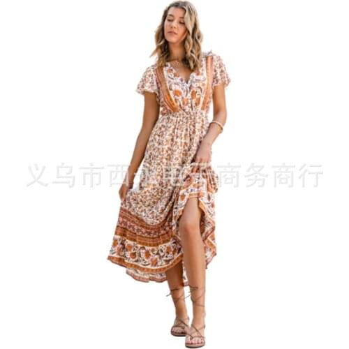 Fashion New Summer Beach V-Neck Holiday Print Dresses for Women Bohemian Belt Short Sleeve Knitted Dress for Women Donsignet