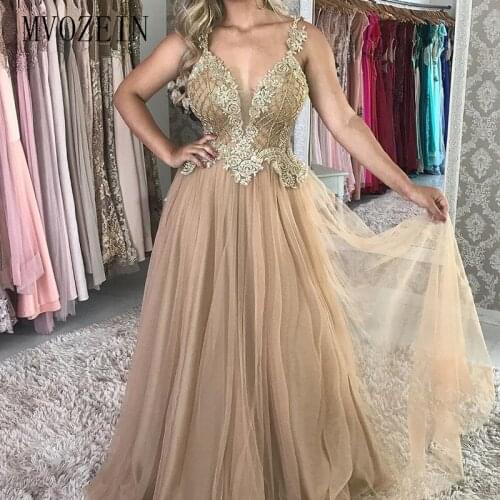 Gold Long Evening Dresses Embroidery Flower With Beaded Tulle Backless Floor Length Evening Dress Vestido de festa Longo