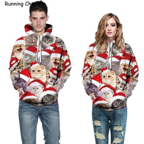 Running CHICK Long-sleeved Hoodie Couple Girl Street Baseball Suit Print Christmas Casual Full Cat Digital Polyester