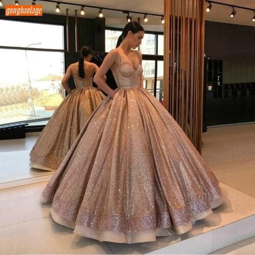 Sparkly Glitter Arabic Rose Gold Evening Dresses 2020 Fluffy Ball Gown Women Banquet Formal Dress Spaghetti Strap Evening Gowns