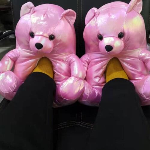 Cartoon Teddy Bear Home Cotton Shoes Ladies Faux Fur Slides Winter Warm Shoes Furry Fake Sandals Women Plush Slippers Vendor