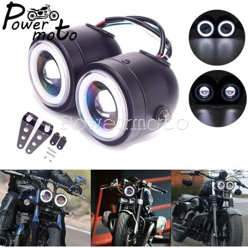 Dual Twin LED Black Running Lamp Angle Eye Single Headlight For Harley Softail Dyna Cafe Racer Cruiser Honda Suzuki Street Bike