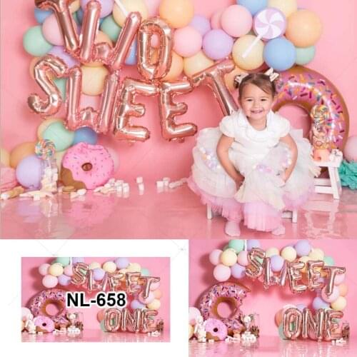 Sweet Girls Cake Smash 1st Birthday Backdrop Pink Doughnut Spun Sugar Balloon Decorations Photo Background Photography Backdrops