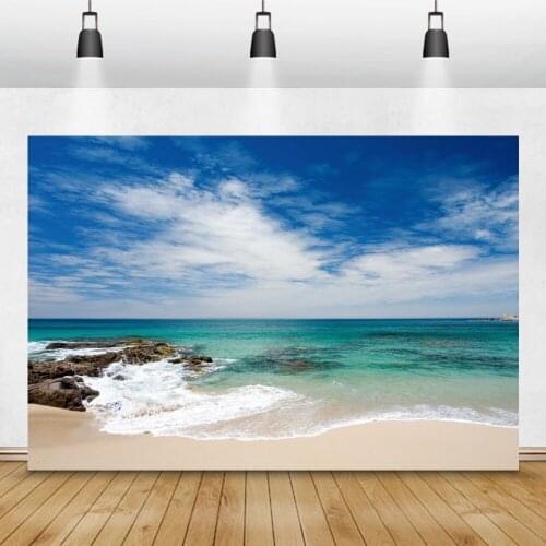 Laeacco Summer Scenery Backgrounds Blue Sky White Clouds Sea Wave Rocks Tropical Party Photography Backdrops For Photo Studio